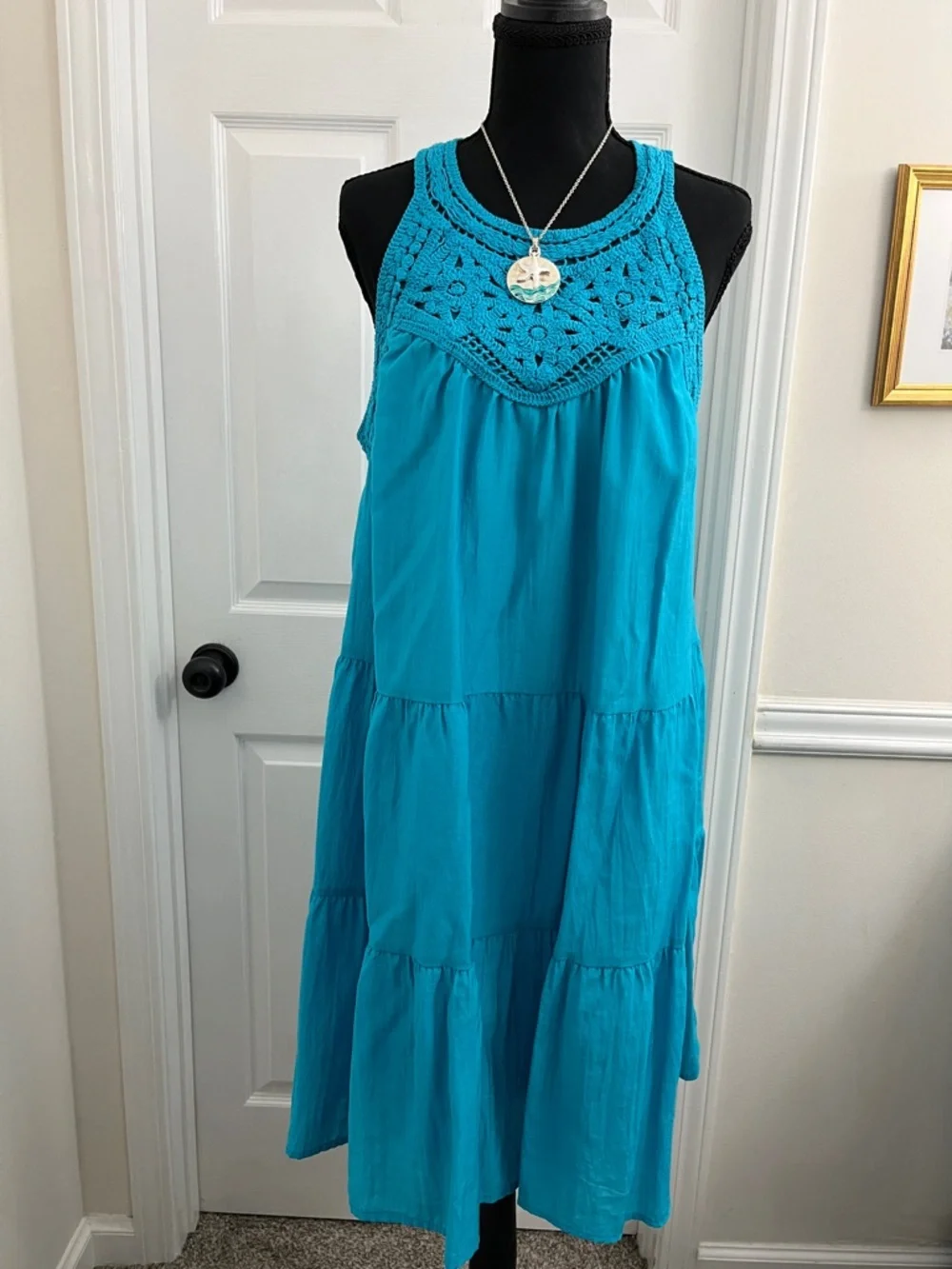 Sleeveless Turquoise Crochet Yoke Midi Dress - Women - Picture 1 of 8